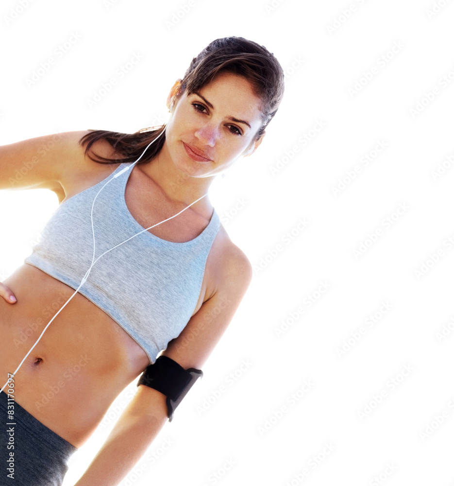 Portrait, music and sports woman in studio isolated on white background mockup space in Italy. Face, fitness and model on earphones for radio or listening to sound on exercise break for body health Portrait, music and sports woman in studio isolated on white background mockup space in Italy. Face, fitness and model on earphones for radio or listening to sound on exercise break for body health