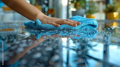 Macro photo of a hand polishing a glass table with a microfiber cloth The cloth texture and glass surface are clearly visible Bright, natural lighting photo