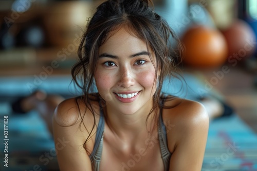 a bright smile of a Japanese woman focuses on her leg workout regimen at the gym, radiating positivity tourquoise tone.