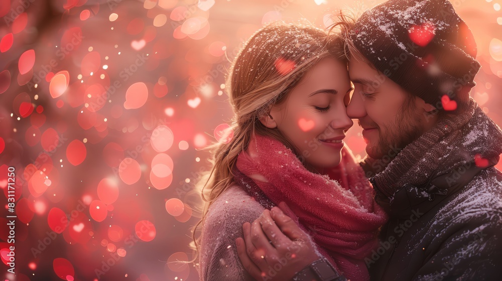 Photo of a couple embracing with a background filled with floating pink hearts Soft, romantic lighting and a warm, cozy atmosphere