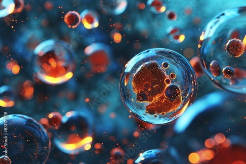Microbiological cells, Cancer cells floating in a clear liquid, under a microscope.Ai generated