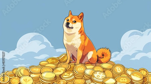 doge cryptocurrency meme dog sitting on pile of coins humorous financial concept illustration