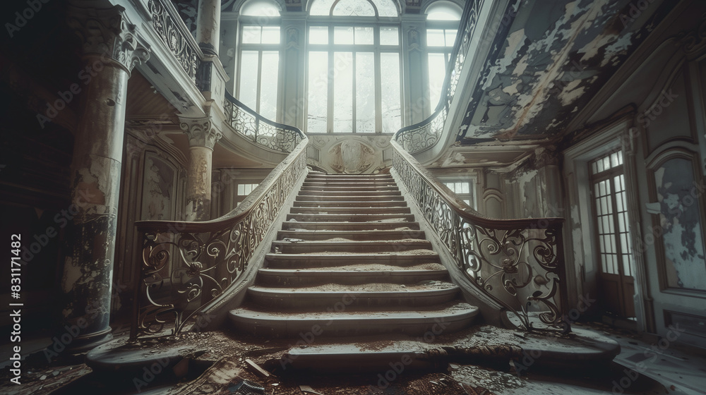 Eerie Abandoned Mansion with Grand Staircase - Liminal Image