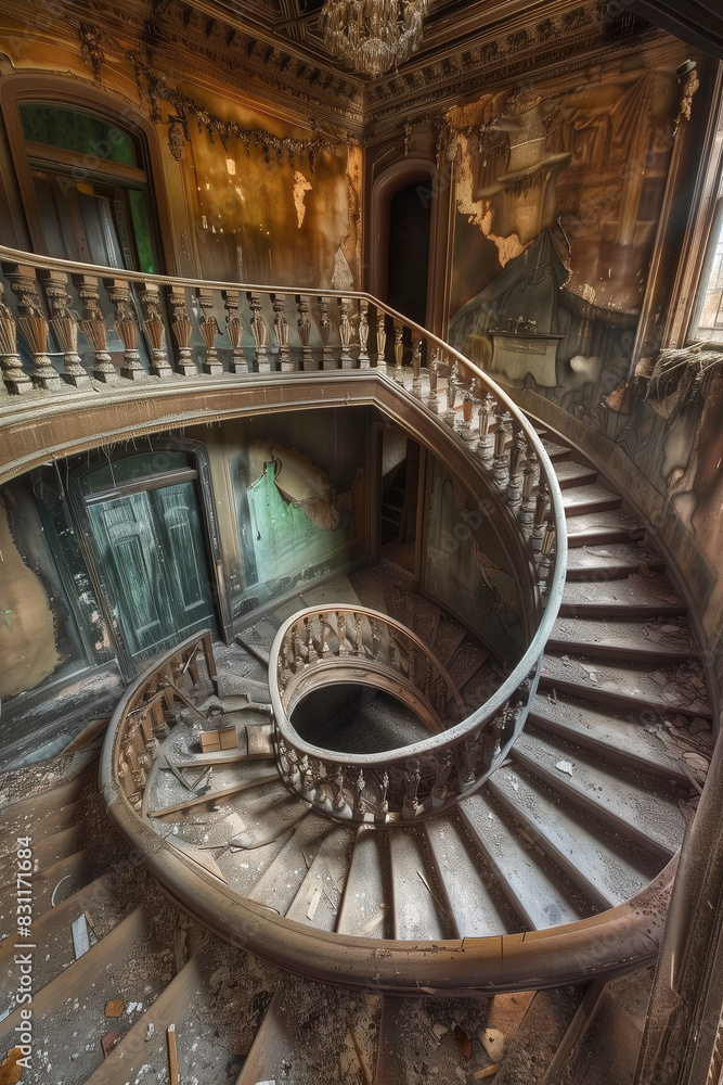 Fototapeta premium Ornate Spiral Staircase in Abandoned Mansion - Liminal Image