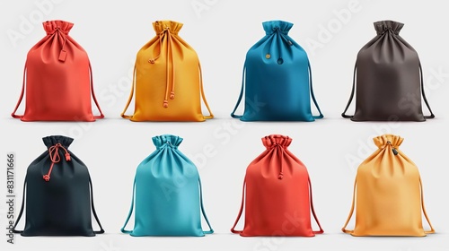 drawstring bags mockup set realistic fabric sports sacks and canvas backpacks fashion accessory vector illustration