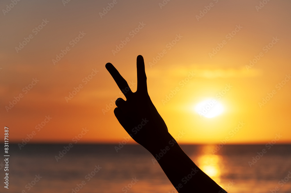Fototapeta premium Hand with peace sign sunset background