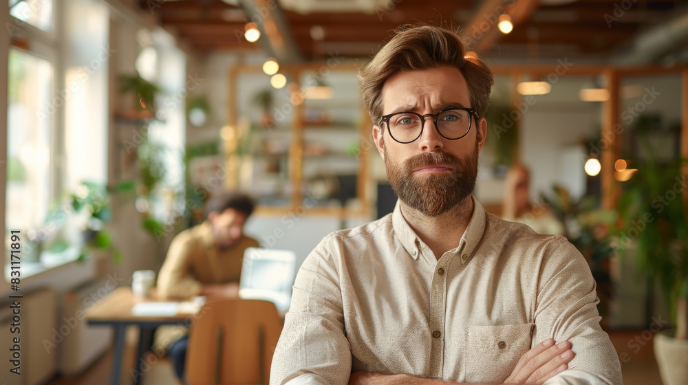 Bearded man in glasses standing in the office with crossed arms. Bearded man in glasses standing in the office with crossed arms.