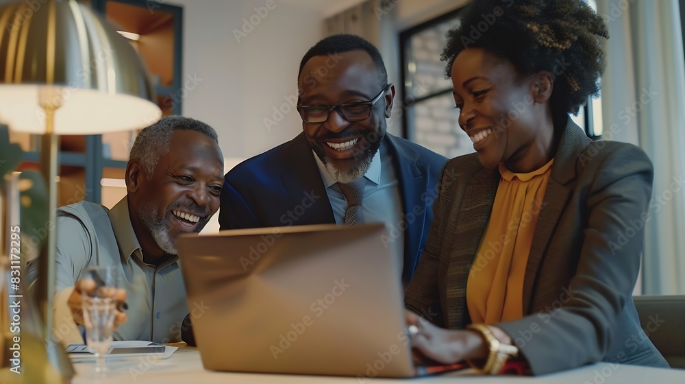 Happy financial advisor and African American couple using laptop on a meeting in the office : Generative AI Happy financial advisor and African American couple using laptop on a meeting in the office : Generative AI