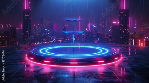 A sleek, metallic podium with sharp edges, illuminated by neon blue and pink cyberpunk lights, set against a dark, futuristic cityscape background. Minimal and Simple style