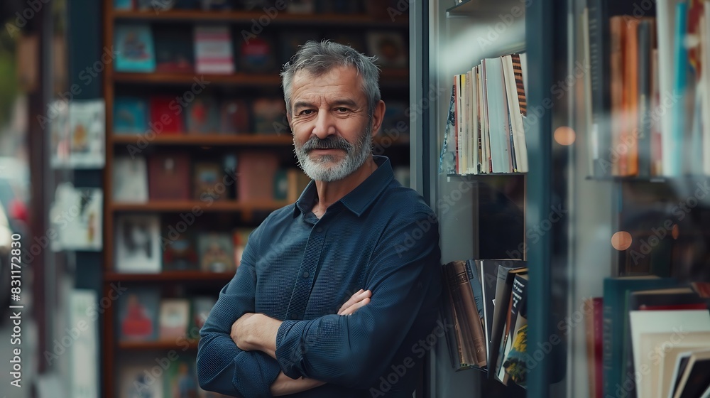 Portrait Of Male Bookshop Owner Outside Store : Generative AI Portrait Of Male Bookshop Owner Outside Store : Generative AI