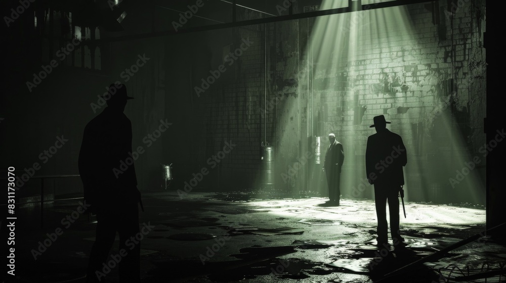 A clandestine meeting of mafia members in a deserted warehouse, plotting under a single beam of light A clandestine meeting of mafia members in a deserted warehouse, plotting under a single beam of light