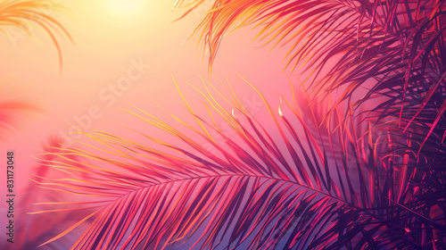 Stylized abstract palm leaves against a gradient sunset background  evoking a tropical feel