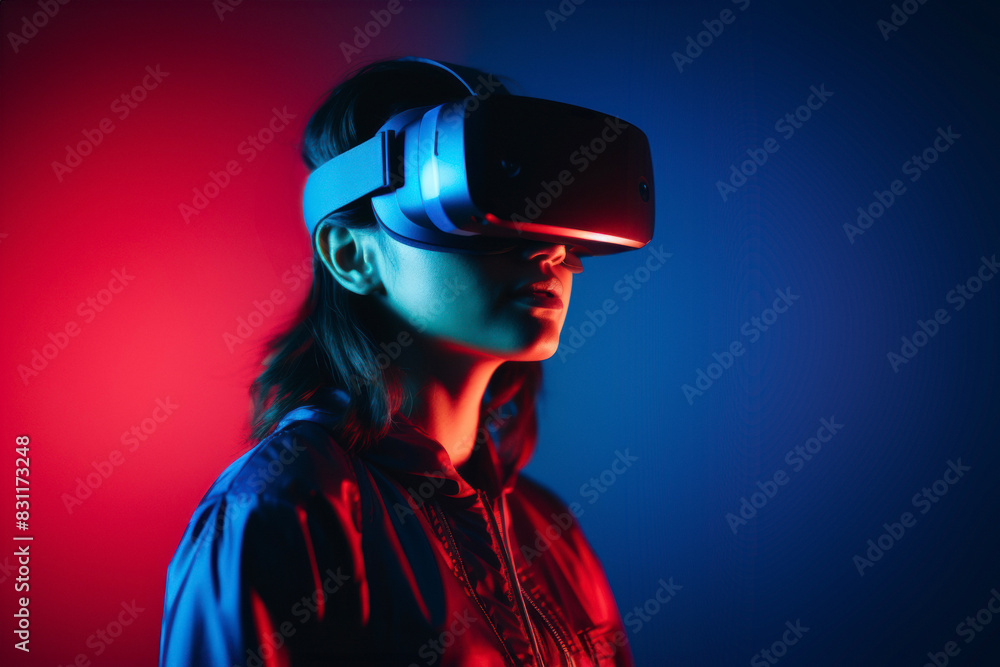 Young woman enjoying virtual reality experience in modern VR headset. Studying with new tech, simulation sciences. Student wears a virtual reality headset to study science home online. Futuristic life Young woman enjoying virtual reality experience in modern VR headset. Studying with new tech, simulation sciences. Student wears a virtual reality headset to study science home online. Futuristic life