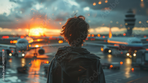 Boy with backpack standing at the airport and looking at the airplanes on the runway. photo