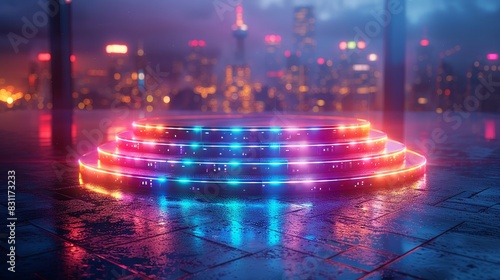 A futuristic  translucent podium with embedded LED strips  glowing in a spectrum of neon colors  set on a dark  reflective surface with a cityscape backdrop. Minimal and Simple style