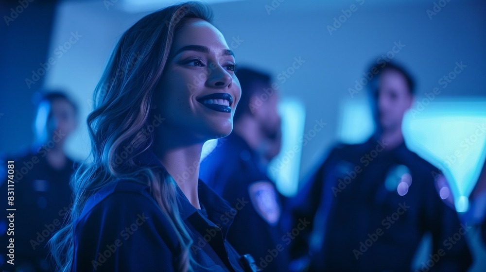 A woman with police officers standing in the middle of a meeting with happy expression. A woman with police officers standing in the middle of a meeting with happy expression.