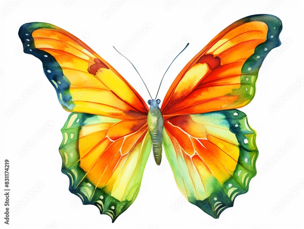 Bright and colorful butterfly with detailed wings in shades of orange, yellow, green, and blue on a white background. Bright and colorful butterfly with detailed wings in shades of orange, yellow, green, and blue on a white background.