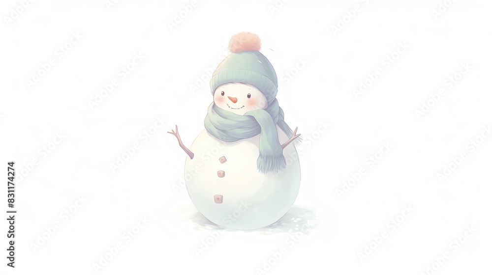 Cute pastel illustration of a snowman with a beanie and scarf. Perfect for winter and holiday-themed graphics and decorations.