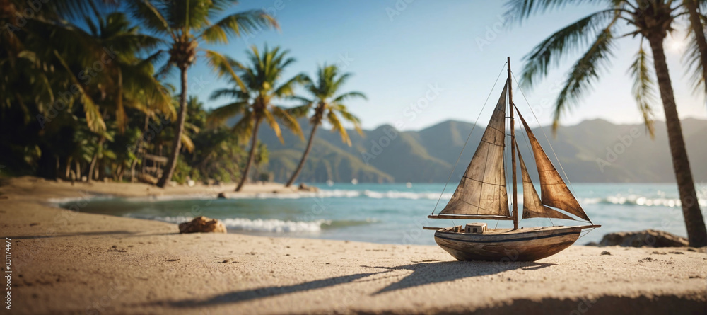 Bateau à voile en bois flotté sur la plage, espace vide pour du texte Bateau à voile en bois flotté sur la plage, espace vide pour du texte