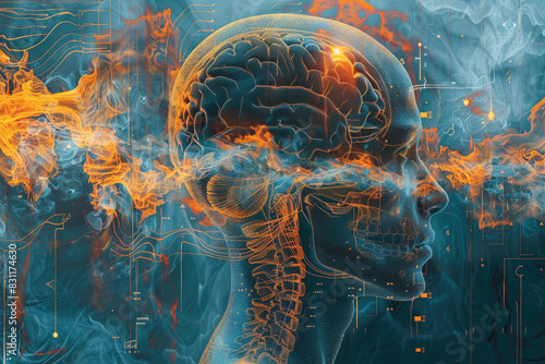 A digital artwork of an AI's profile, with glowing data sreams emanating from the brain area and orange sparks on its head. Created with Ai