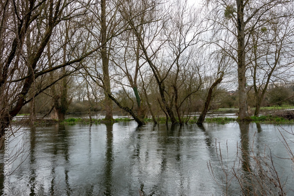 view of the River Avon at Salisbury Wiltshire England after it has burst its banks and flooded fields behind