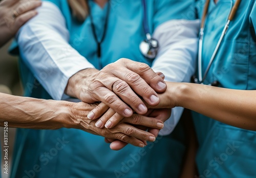 A close-up image capturing a team of medical professionals stacking their hands, symbolizing teamwork, support, and unity in healthcare photo