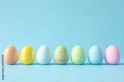 a row of eggs with different colored designs