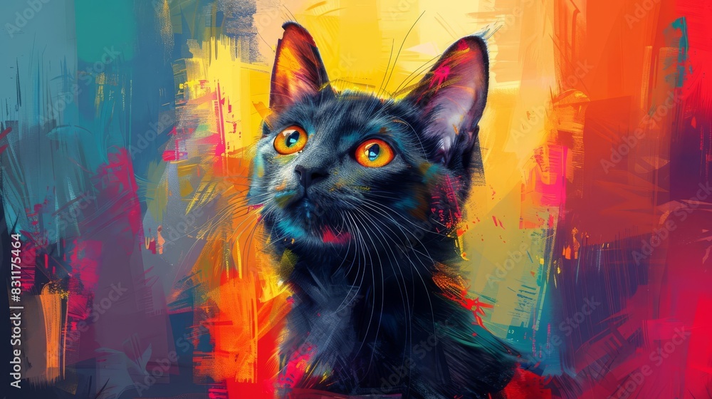 Chartreux Cat in vibrant pop art style, colorful geometric background close up, whimsical, blend mode, cityscape backdrop Chartreux Cat in vibrant pop art style, colorful geometric background close up, whimsical, blend mode, cityscape backdrop