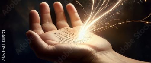 A hand releasing bright magical sparks with cryptic script, symbolizing the unleashing of power and creativity. photo