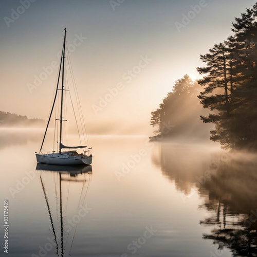 A boat sailing in the middle of a lake during a sunset © Dedluch