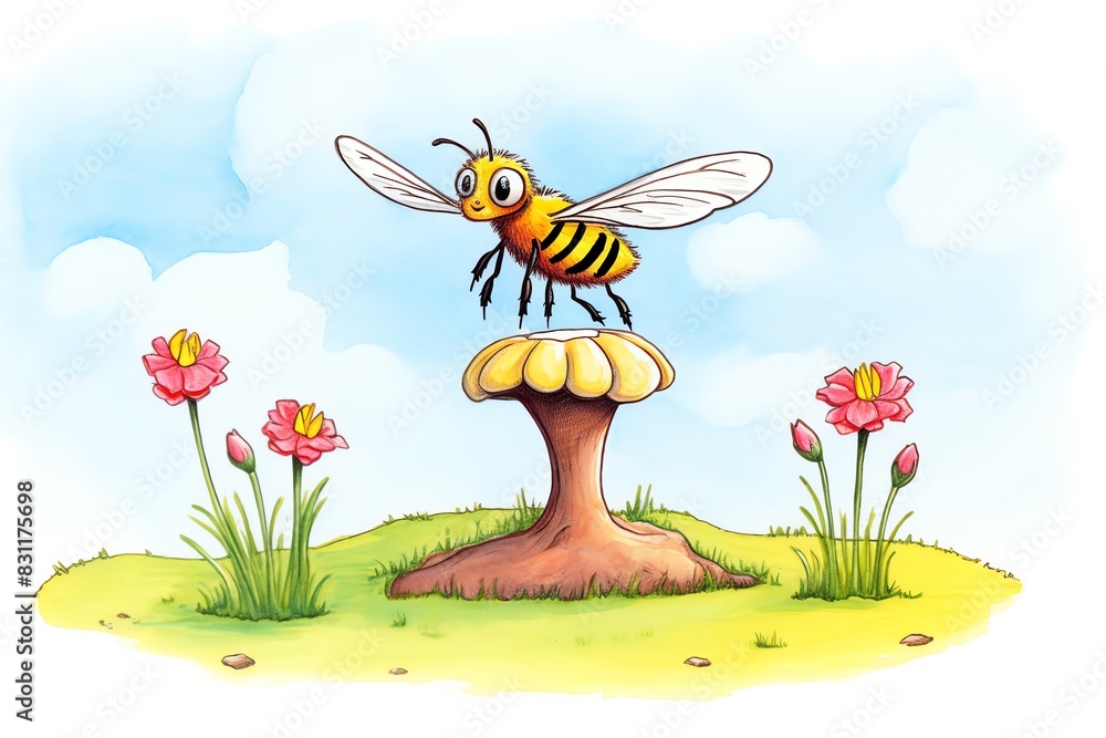 Illustration of a cheerful honeybee standing on a mushroom surrounded by colorful flowers under a blue sky. Illustration of a cheerful honeybee standing on a mushroom surrounded by colorful flowers under a blue sky.