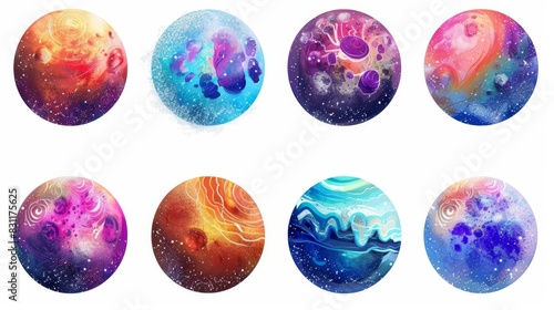 fantastical alien planets colorful set of celestial bodies isolated on white digital art