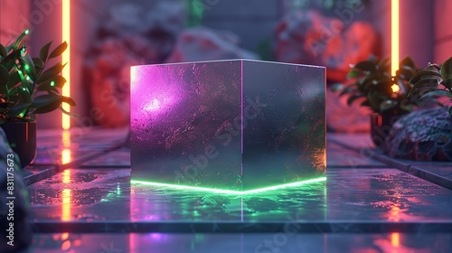 A simple, cubic podium with a brushed metal surface, accented by pulsing green and purple LED lights, placed in a futuristic, minimalist setting. Minimal and Simple style photo