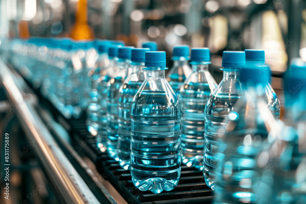 Plastic bottles of water on a production line