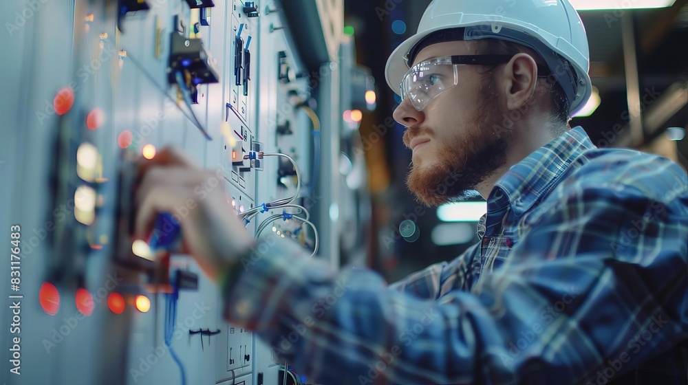focused electrical expertise technician working diligently in switchboard with fuses industrial photography focused electrical expertise technician working diligently in switchboard with fuses industrial photography