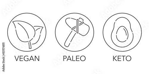 Keto, Paleo, Vegan - circular icons in thin separated lines