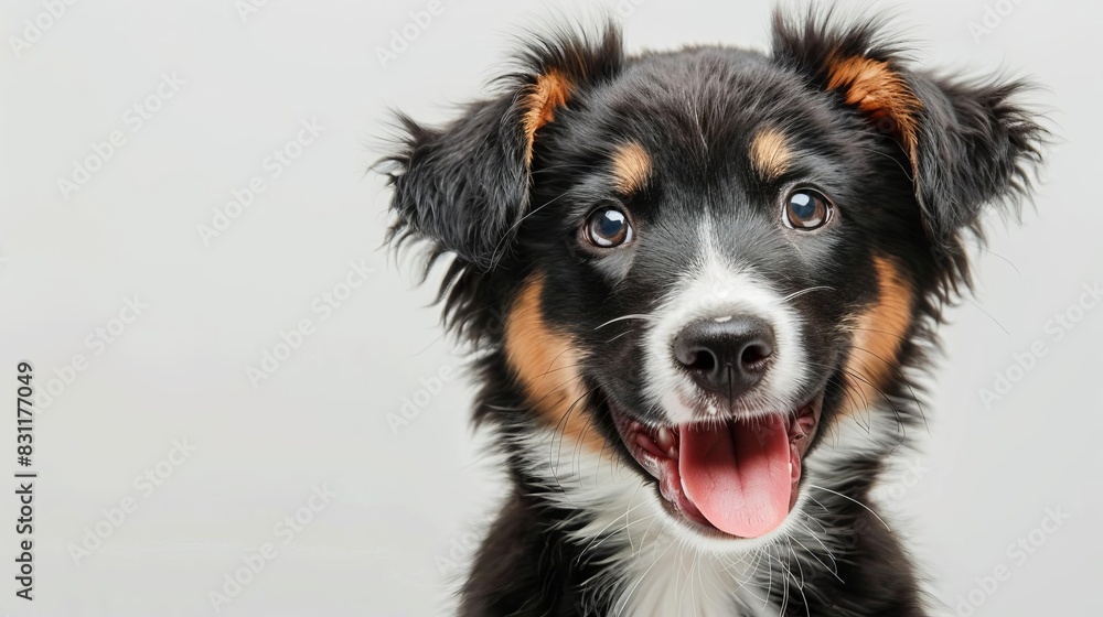 funny puppy dog headshot smiling on white background cute and playful pet portrait animal photography
