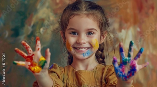 a Caucasian girl gleefully displays her hands adorned with colorful paint, showcasing her creative and imaginative side.