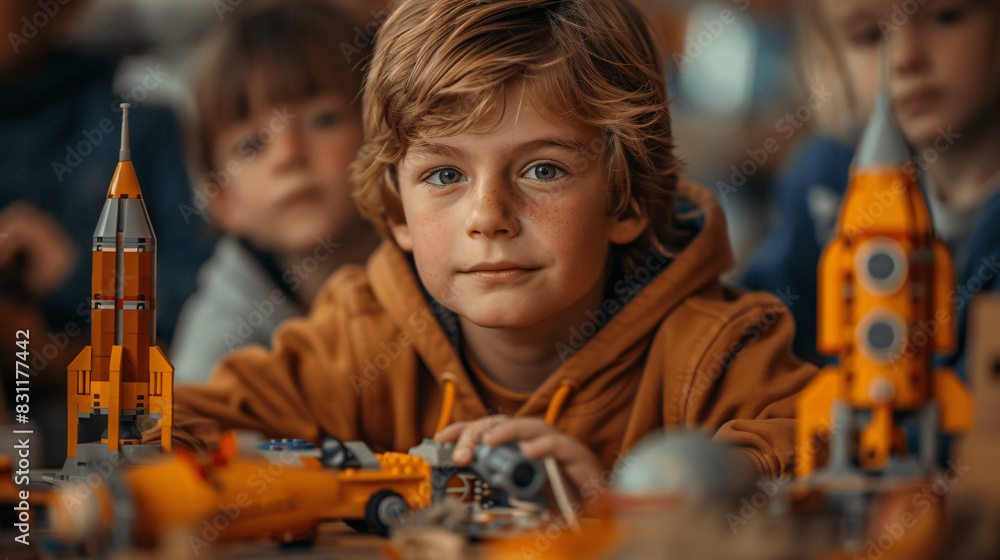 Close-Up of Child Playing with Space Rocket Models in Classroom