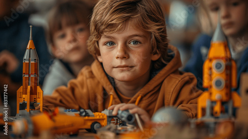 Close-Up of Child Playing with LEGO Space Rocket Models in Classroom

 photo