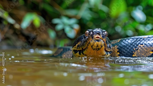 Anaconda in the water in the jungle. Selective focus.