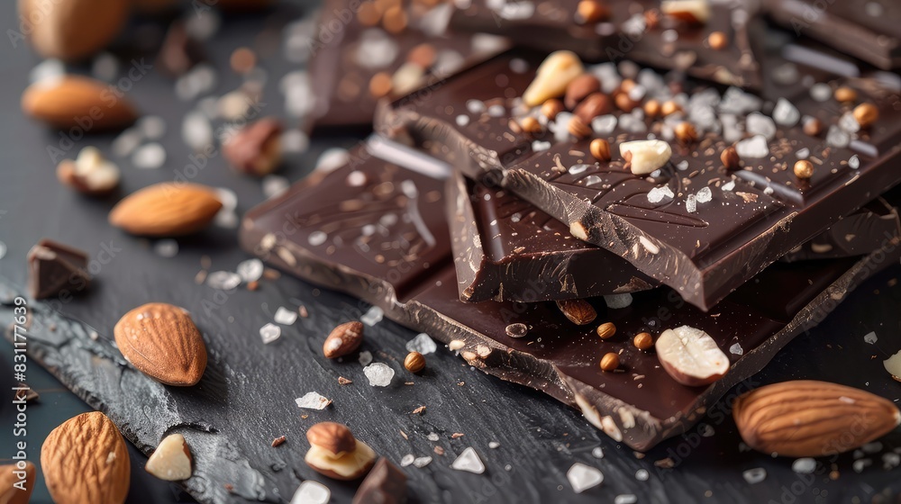 Chocolate with nuts and sea salt. Selective focus. Chocolate with nuts and sea salt. Selective focus.