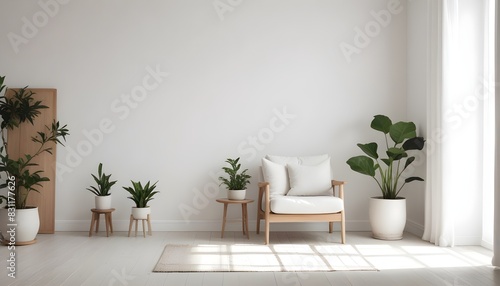 Minimalist modern living room interior background, empty wall mockup, living room mock up in Scandinavian style. 3d rendering