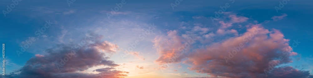 Dramatic Sunset sky 360 panorama. Vibrant sky panorama with bright glowing red pink Cumulus clouds. HDR 360 seamless spherical panorama. Sky dome for aerial drone panoramas. Climate and weather change Dramatic Sunset sky 360 panorama. Vibrant sky panorama with bright glowing red pink Cumulus clouds. HDR 360 seamless spherical panorama. Sky dome for aerial drone panoramas. Climate and weather change