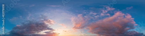 Dramatic Sunset sky 360 panorama. Vibrant sky panorama with bright glowing red pink Cumulus clouds. HDR 360 seamless spherical panorama. Sky dome for aerial drone panoramas. Climate and weather change © panophotograph