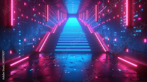 A modern, triangular podium with a matte finish, accented by pulsing blue and pink neon lights, positioned in a futuristic, digital room. Minimal and Simple style photo