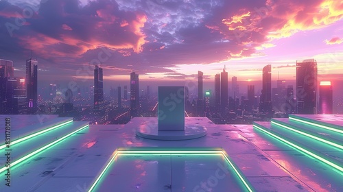 A sleek, white podium with sharp edges, illuminated by alternating purple and green cyberpunk lights, set against a backdrop of a high-tech cityscape. Minimal and Simple style photo