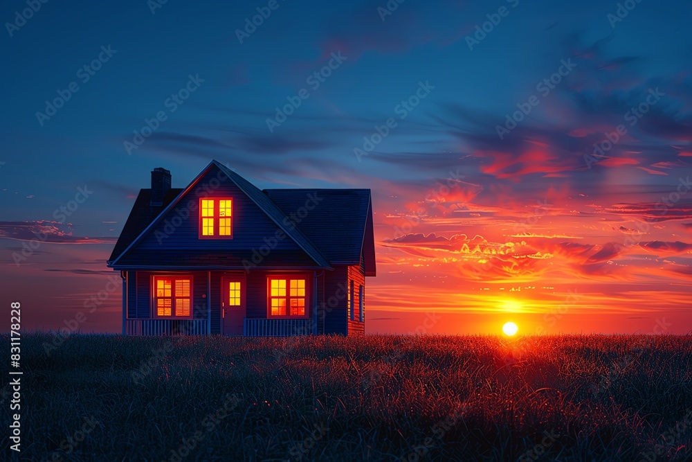 A lone house with glowing windows stands silhouetted against a vibrant sunset. A lone house with glowing windows stands silhouetted against a vibrant sunset.
