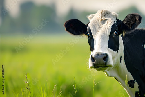 Close-up image of a cow's face with a surprised expression, showcasing its expressive eyes and facial features. Animal behavior and farm life concept
