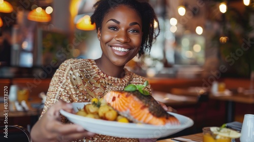 African woman sits at a restaurant table  holding a plate of salmon